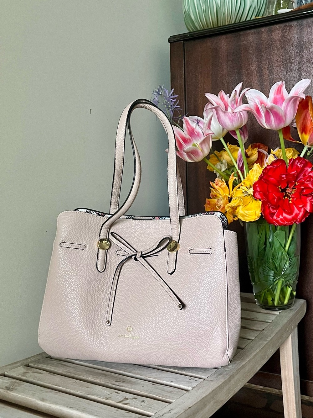 Nanette Lepore Arabelle Cream Pebbled Tote Bag Floral Lined Shoulder Purse